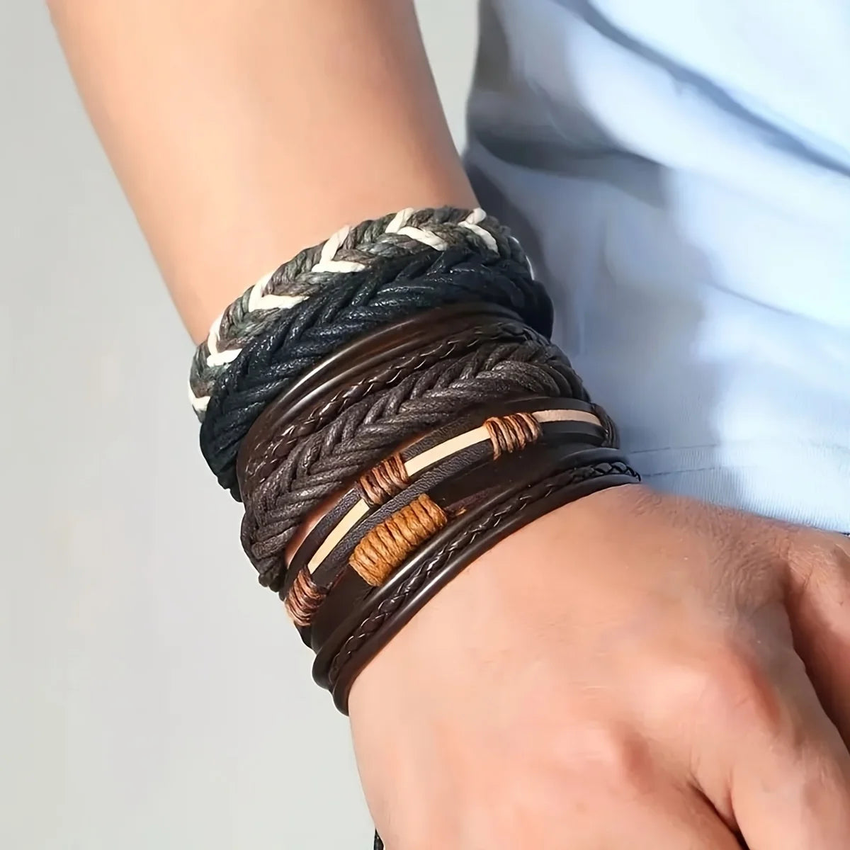 20Pcs Braided Leather Bracelets for Men Women Wrap Wood Beads Cuff