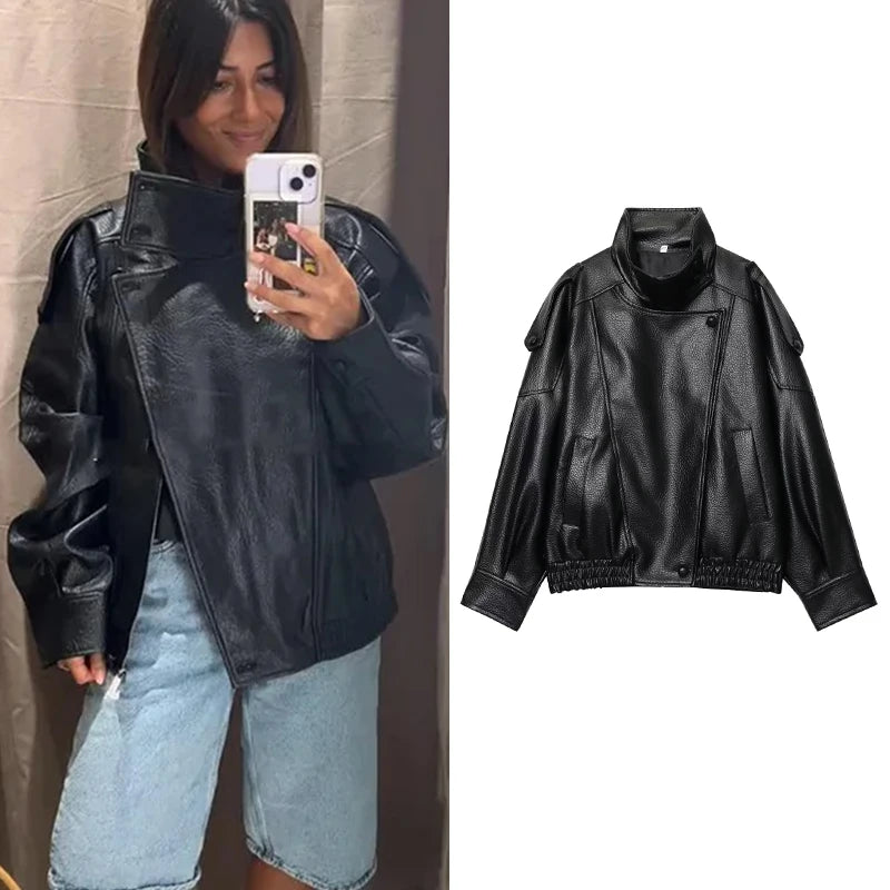 TFMLN Chic Black Faux Leather Jackets Women Long Sleeve Buttons