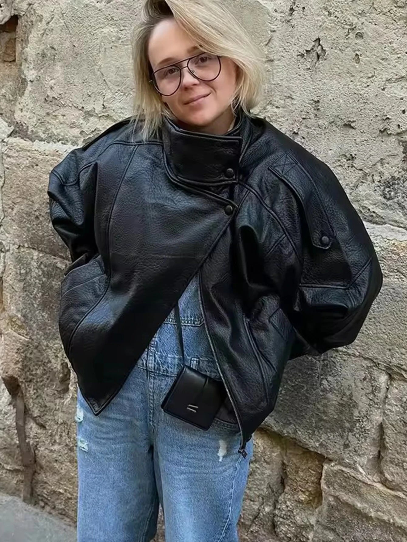 TFMLN Chic Black Faux Leather Jackets Women Long Sleeve Buttons