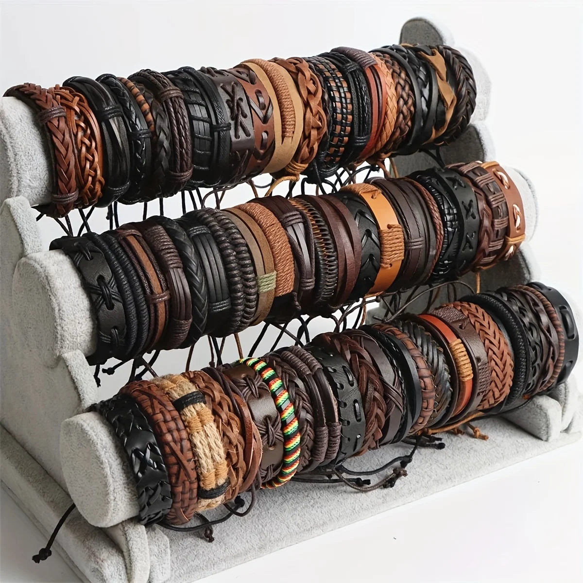 20Pcs Braided Leather Bracelets for Men Women Wrap Wood Beads Cuff