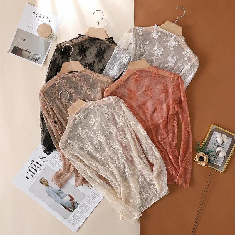 Sexy Women Mesh T-Shirts Transparent Lace Blouse Long Sleeve See