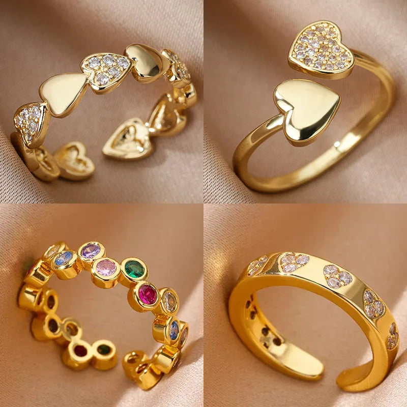 Zircon Geometric Heart Rings For Women Stainless Steel Gold Color