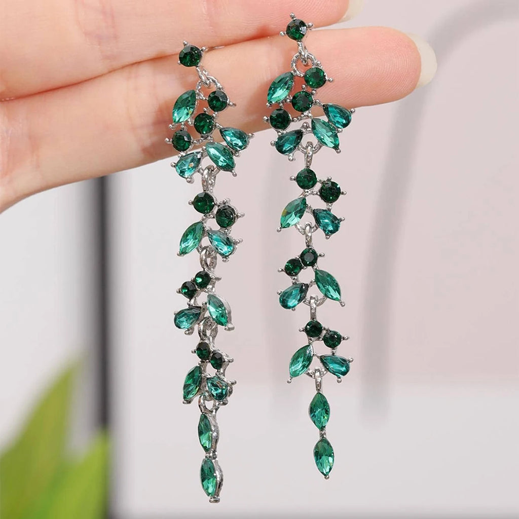 2pcs fashionable and high-end long tassel full diamond leaf earrings
