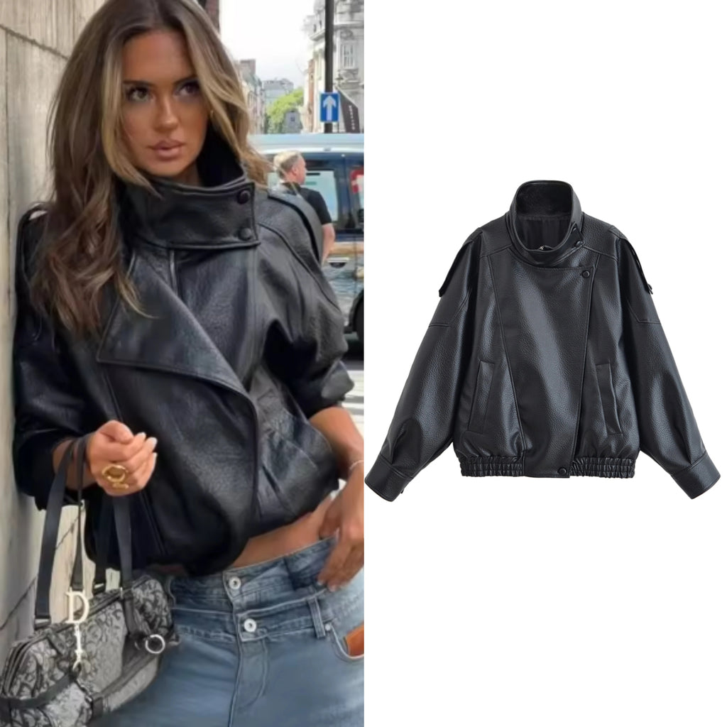 Women's Jacket Fall 2025 New Black Long Sleeve Pebble Faux Leather