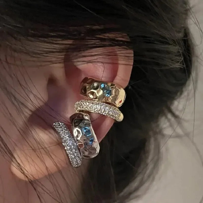 2 Pcs Rhinestones Double Layered C-shaped Non-pierced  Gold and Silver