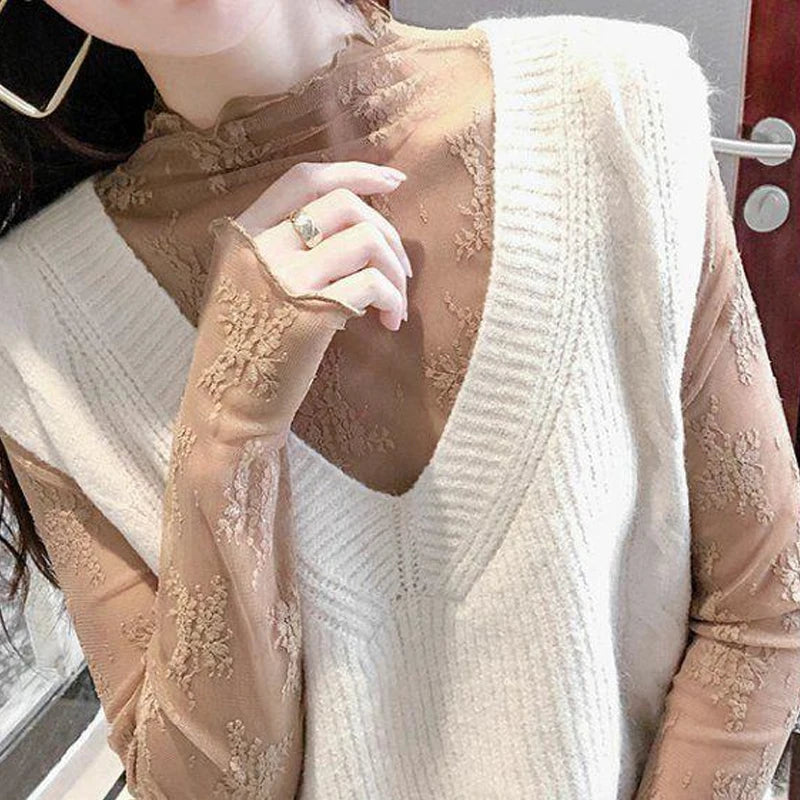 Sexy Women Mesh T-Shirts Transparent Lace Blouse Long Sleeve See