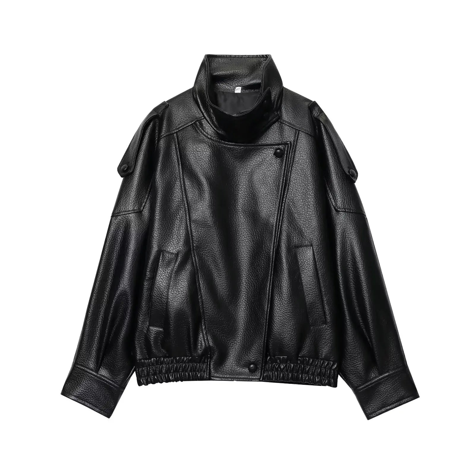 TFMLN Chic Black Faux Leather Jackets Women Long Sleeve Buttons