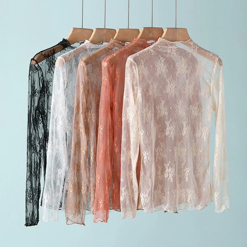 Sexy Women Mesh T-Shirts Transparent Lace Blouse Long Sleeve See