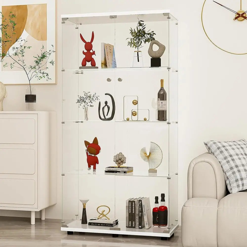 Quick-Install Glass Door Lockable Display Cabinet, 4-Shelf Curio with Tempered Glass, Ideal for Living/Bedroom (65 x 32 x 14, Wh