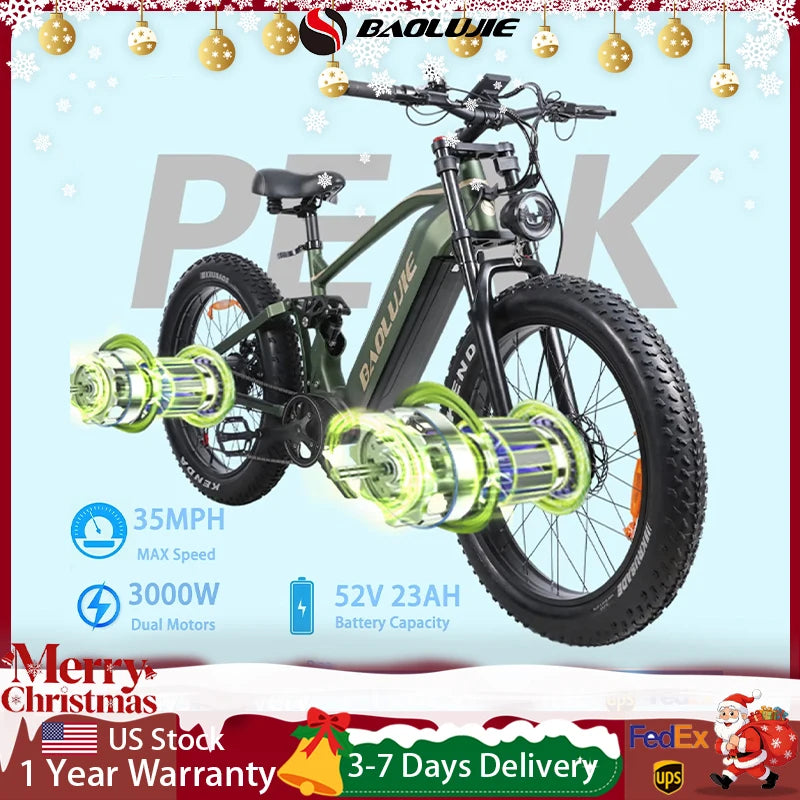 BAOLUJIE 1200W/5000W Ebike Mountain Ebike Fat Tire 48V/52V Battery Electric Bicycle Max 38MPH Electric Bike for Adults Off-road