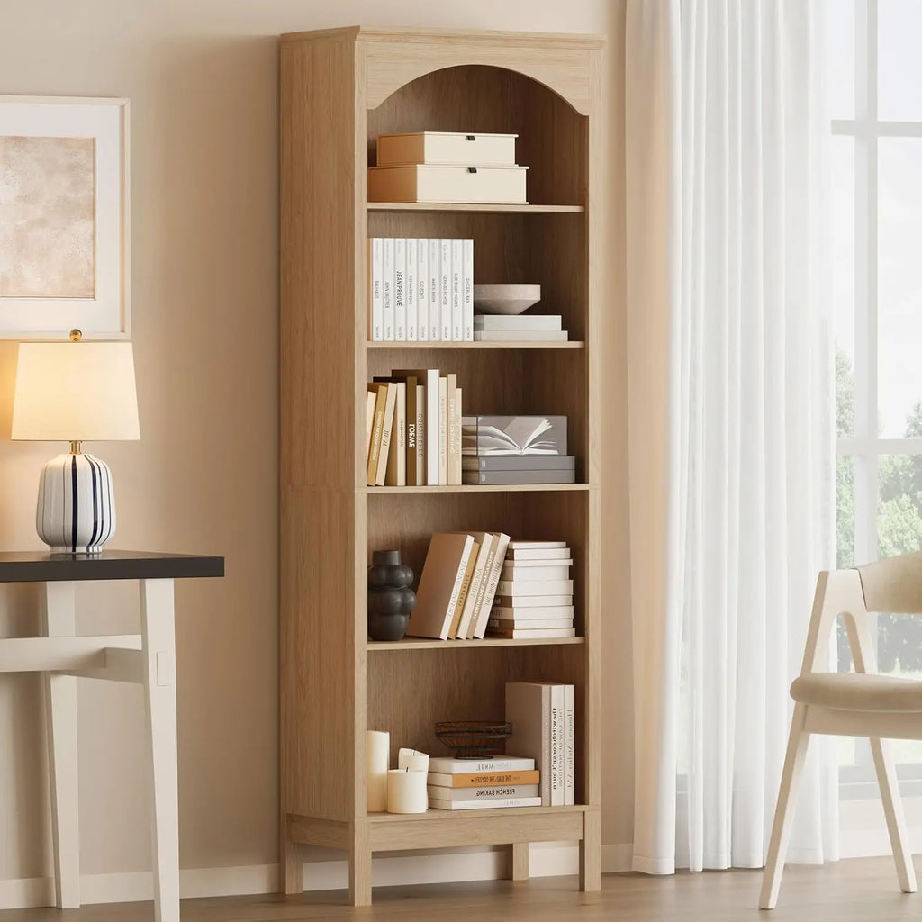 Arched Bookshelf with 5 Tier Open Shelves, 71" Tall Wood Bookcase with Adjustable Shelves, 24" Wide Floor Standing, Customized