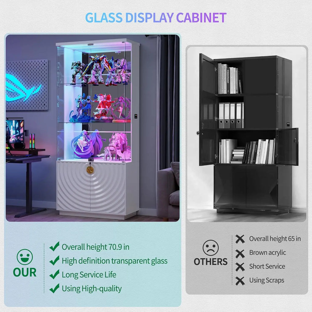 Display Cabinet with Glass Doors - 71" High Gloss Curio Cabinet with Adjustable Glass Shelf, Lockable Display Cases with RBG