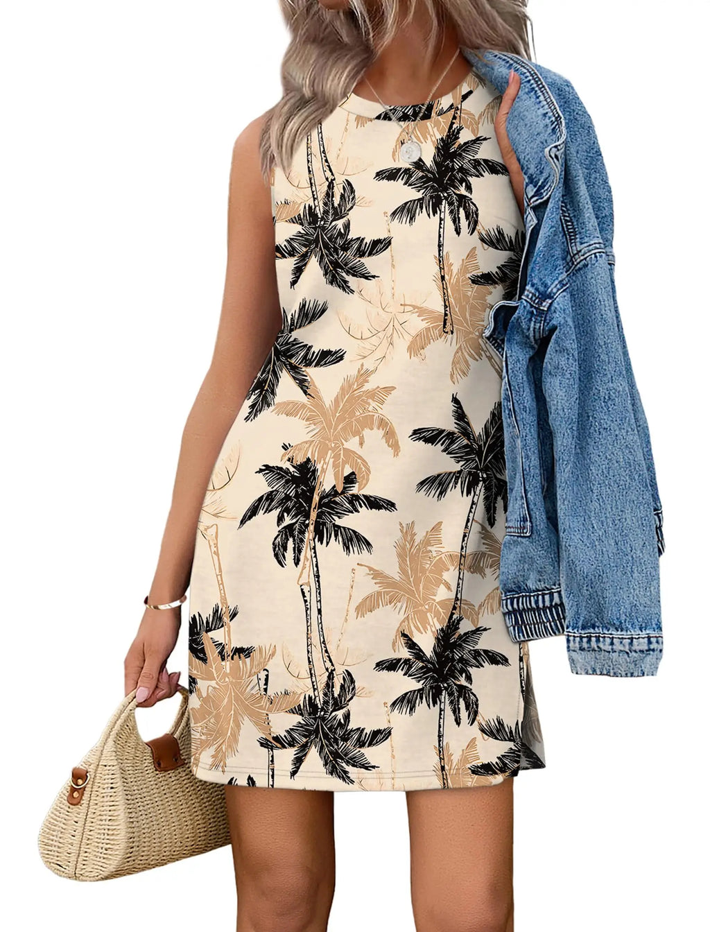 Casual Sleeveless Crewneck Dress Women Boho Summer Vacation Floral Paisley Print Mini Dress