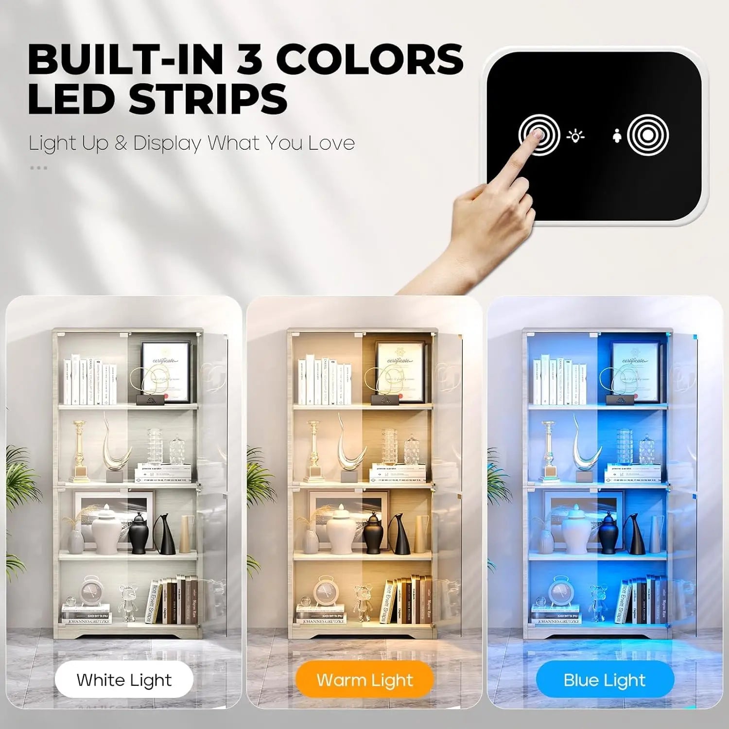 SGIAWETA-Display Cabinet with Glass Doors, 4-Tier Curio Cabinet with 3 Color Lights for Collectibles, Glass-birthday gift