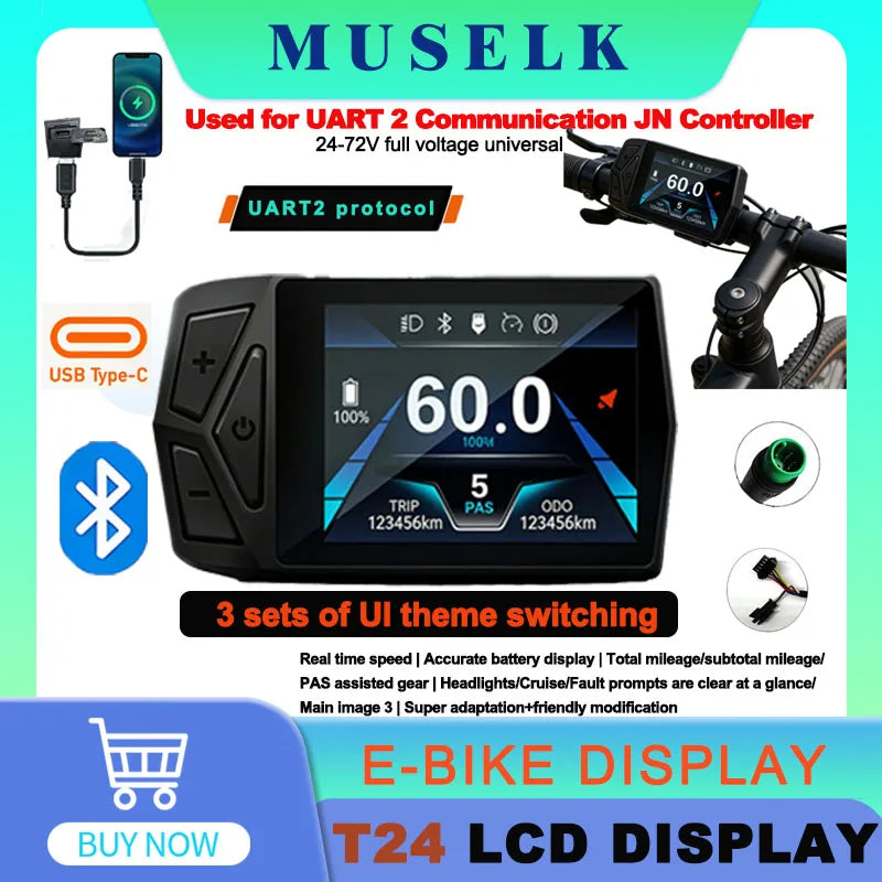 Electric Bicycle T24 LCD Display Screen  24V-72V SM/WP for UART 2 Communication Protocol Controller