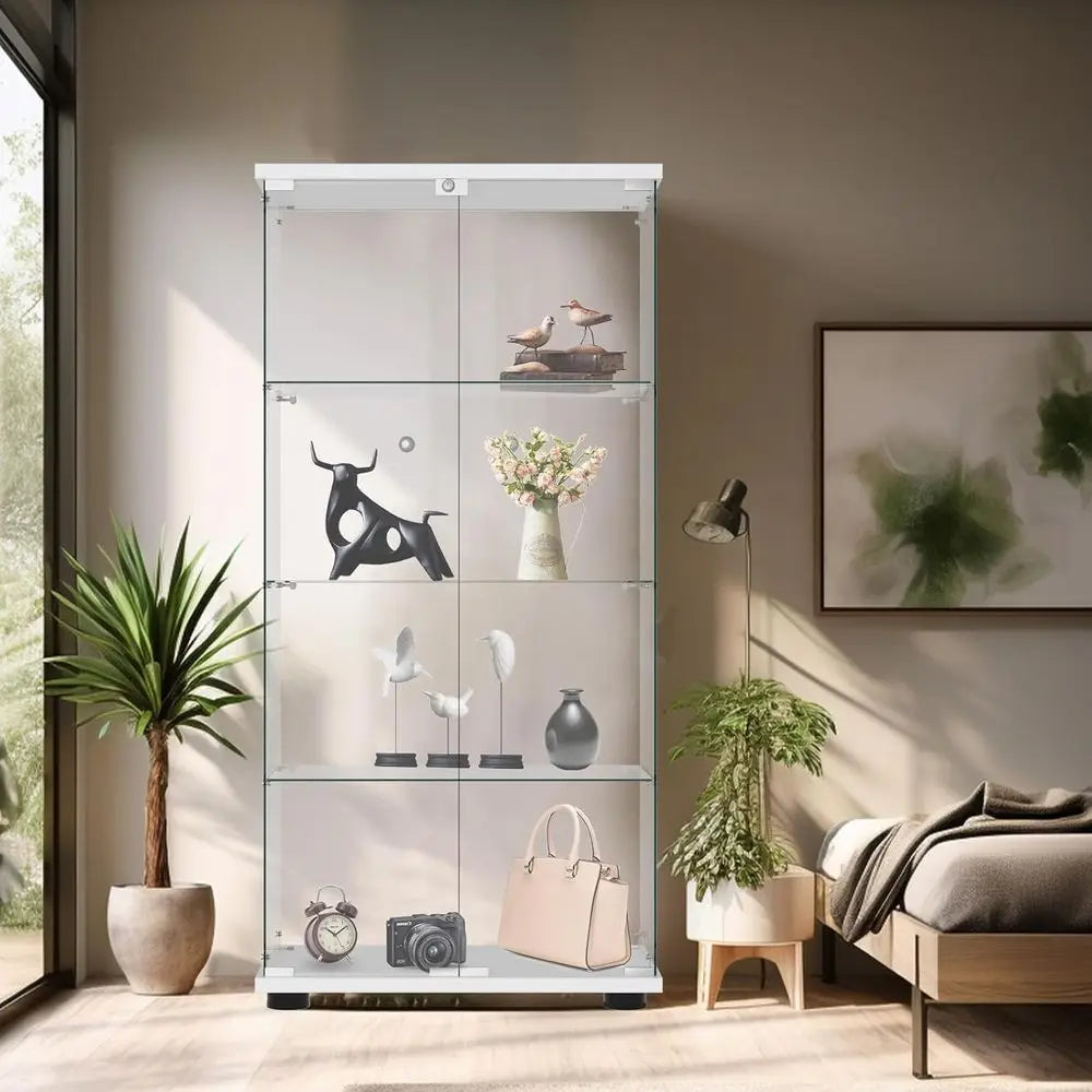 Quick-Install Glass Door Lockable Display Cabinet, 4-Shelf Curio with Tempered Glass, Ideal for Living/Bedroom (65 x 32 x 14, Wh