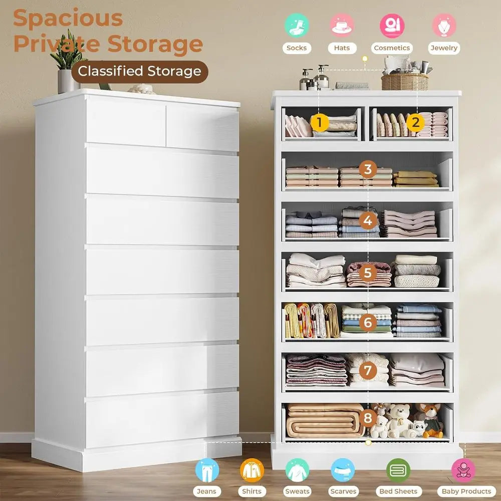 Elegant Tall Dressers and Bedroom Sets with 8 Drawers, 59.6 Tall Dressers, Chests, and Wooden Storage Cabinets, Ideal for Closet