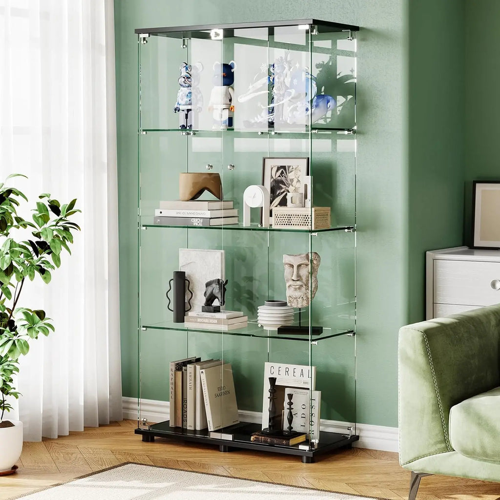 4-Shelf Lockable Glass Display Cabinet Floor Standing Tempered Glass Storage Living Room Bedroom Office 64x31.7x14.3in, Custom
