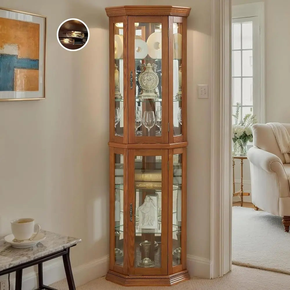 Curio Cabinet with Light Bulb, Tempered Glass Do, loor Standing Glass Display Cage with 6 Tempered Glass Shelves, Wine Cabinet S