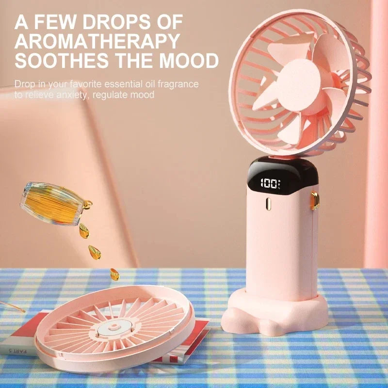 2026 New Mini Folding Portable Neck Hanging Fan with 5-speed USB Charging Fan with Phone Stand and Display 1800mAh