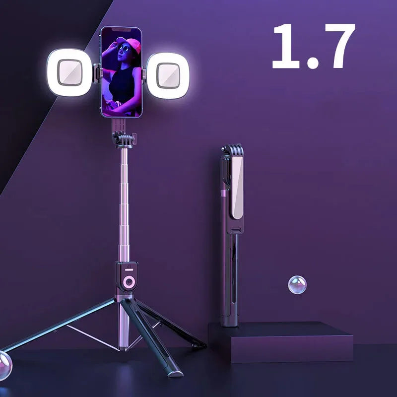 1.7m Extendable live Tripod Selfie Stick Support LED Ring Dual light mirror Stand 4 in 1 Phone Mount for iPhone X 8 11 Android
