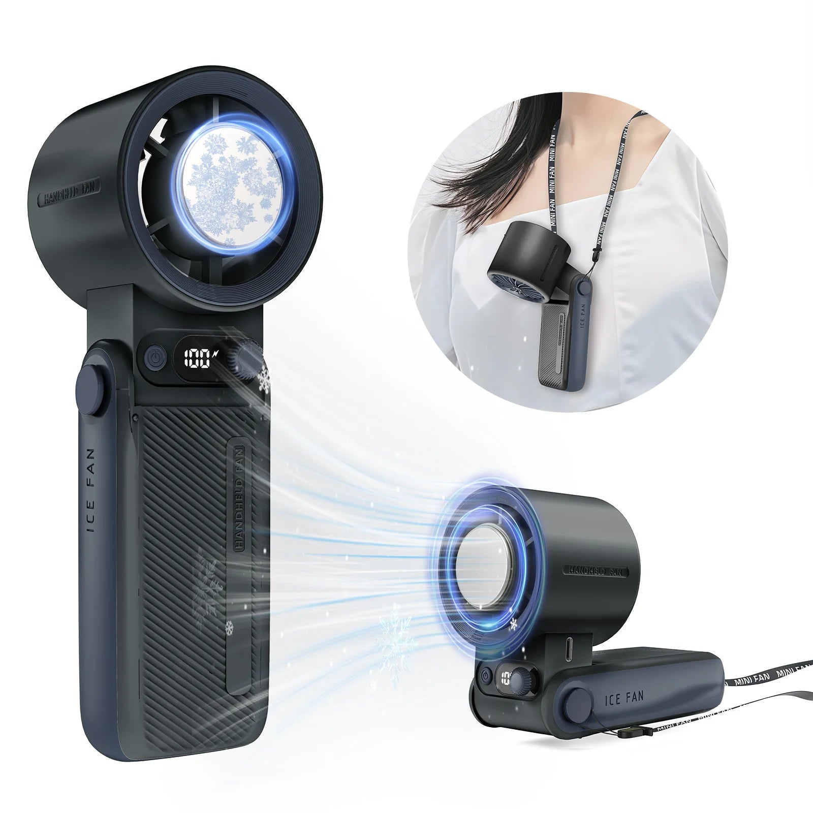 Eary Portable Handheld Mini Fan Foldable Neck Hanging 6000mAh 1-199 Speeds Wind USB Rechargeable Type-C Pocket Fan with Lanyard