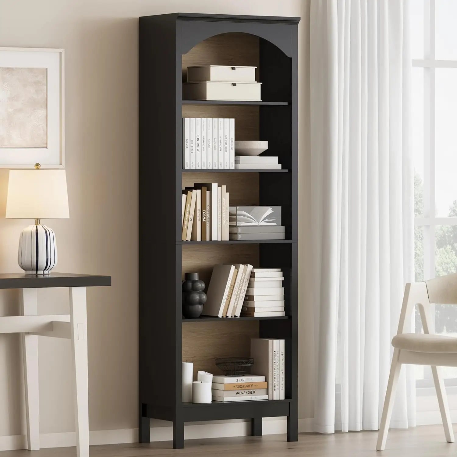 Arched Bookshelf with 5 Tier Open Shelves, 71" Tall Wood Bookcase with Adjustable Shelves, 24" Wide Floor Standing, Customized