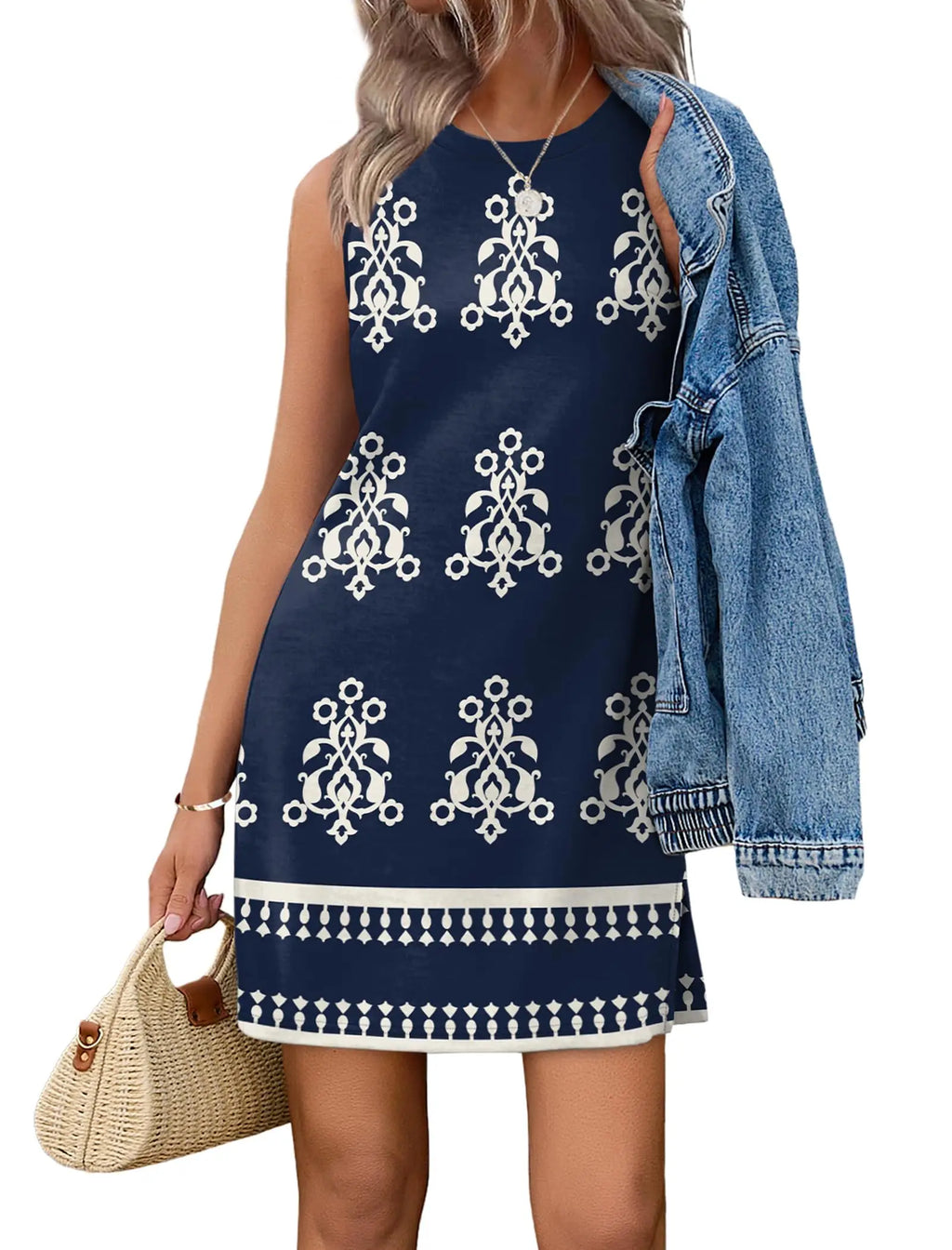 Casual Sleeveless Crewneck Dress Women Boho Summer Vacation Floral Paisley Print Mini Dress