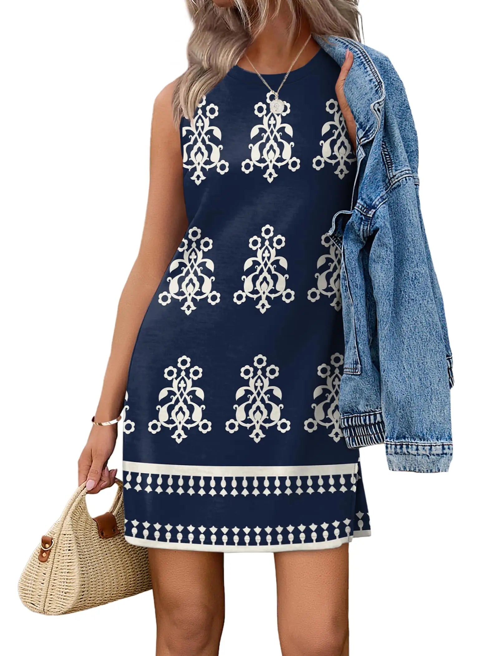 Casual Sleeveless Crewneck Dress Women Boho Summer Vacation Floral Paisley Print Mini Dress