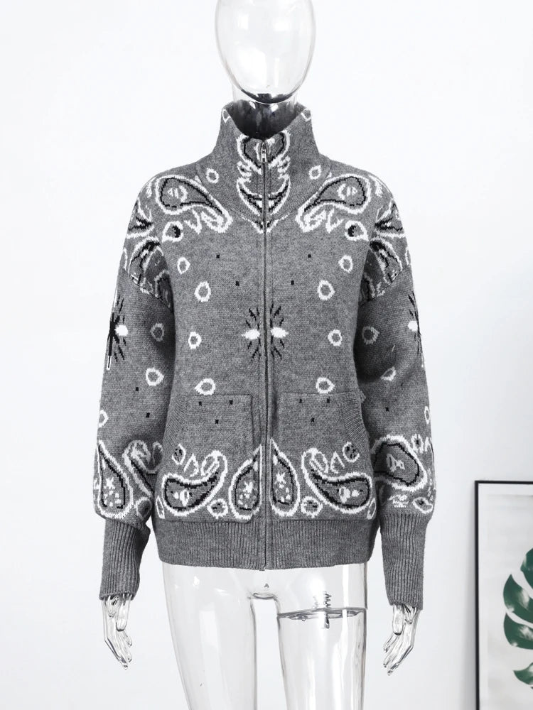 Casual Jacquard Cardigan for Women Loose Stand Collar Zipper Pockets All-match Female Sweater 2026 Spring Thick Warm Knitwear