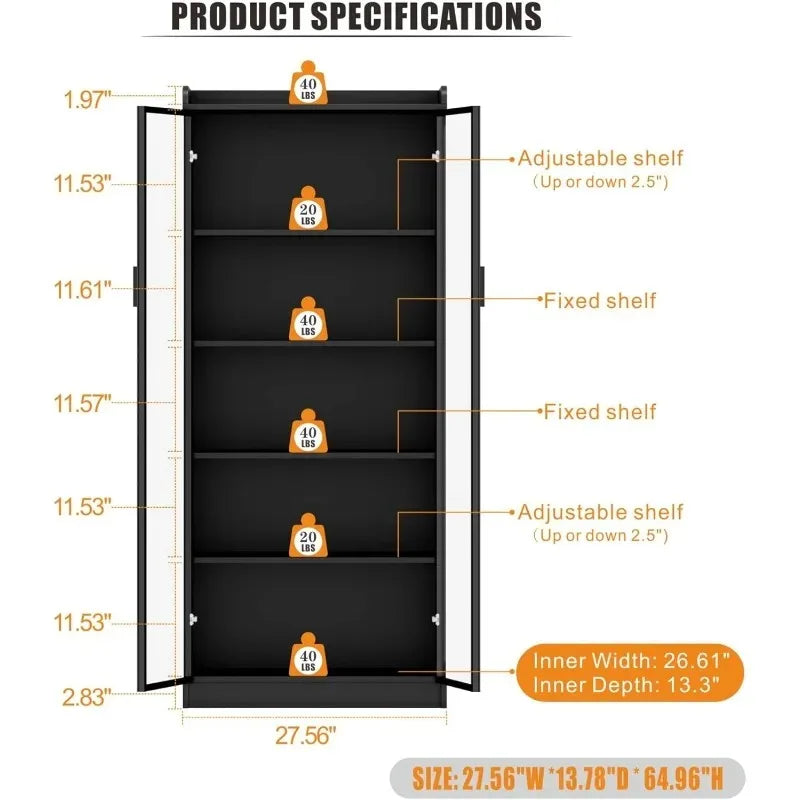 Dystler 65" Tall 5 Tier Display Cabinet with Doors Adjustable Shelves LED Light Bookcase Human Body Sensor Storage Cabinet