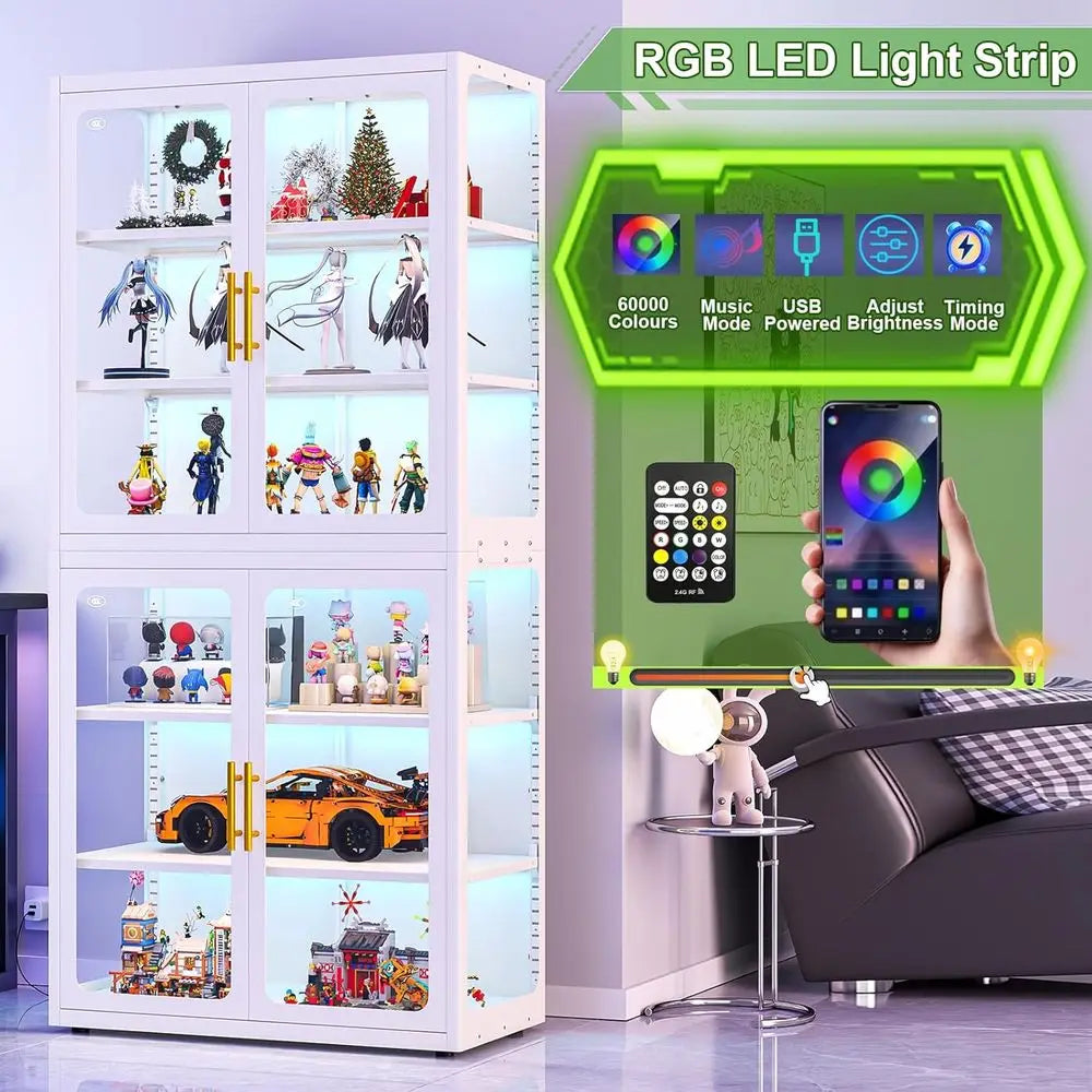68 White Glass Display Cabinet with RGB LED Lights, 4 Adjustable Shelves for Collectibles and Storage