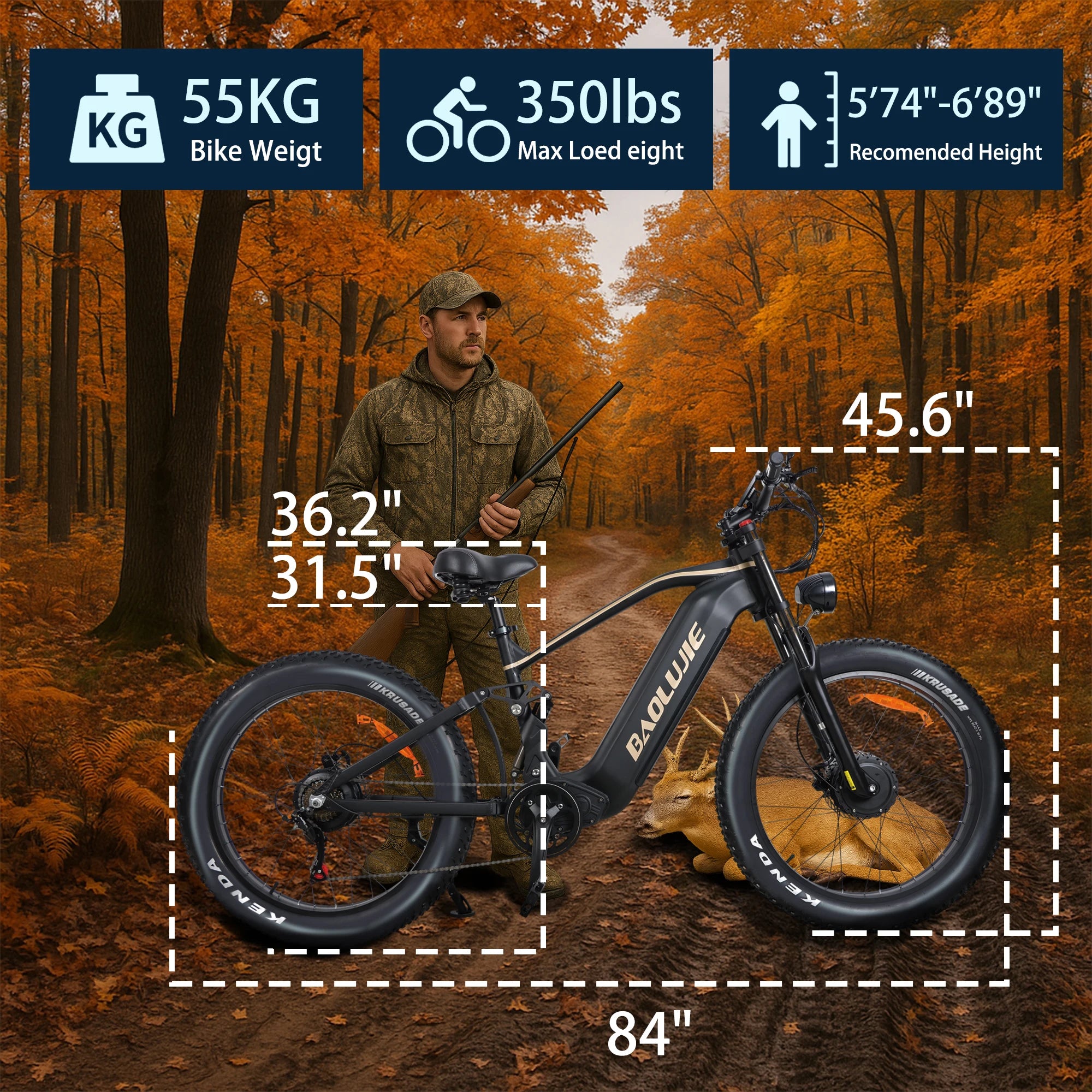 BAOLUJIE 1200W/5000W Ebike Mountain Ebike Fat Tire 48V/52V Battery Electric Bicycle Max 38MPH Electric Bike for Adults Off-road
