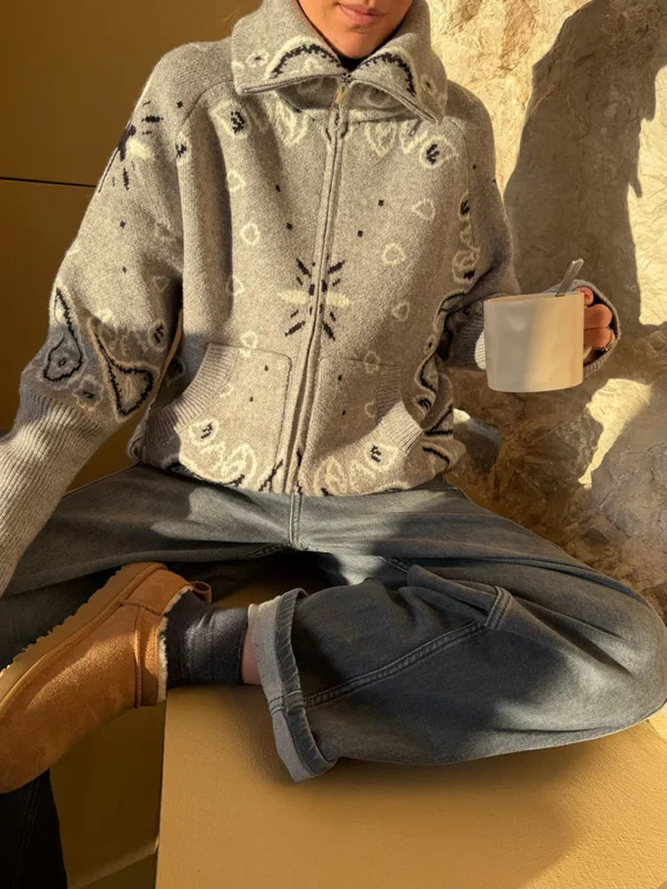 Casual Jacquard Cardigan for Women Loose Stand Collar Zipper Pockets All-match Female Sweater 2026 Spring Thick Warm Knitwear