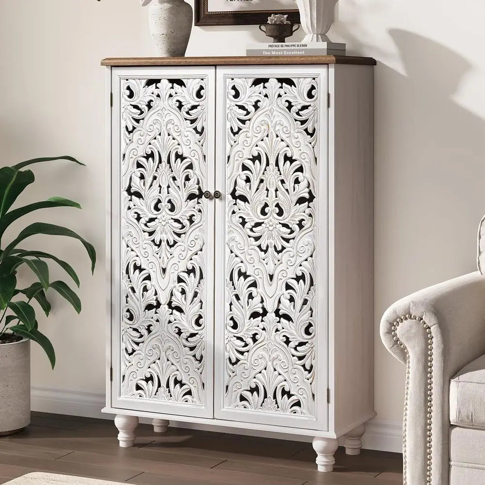 47 High Distressed White Wood Accent Cabinet with 3-Tier Shelves, Boho Style Sideboard for Small Spaces and Living Rooms