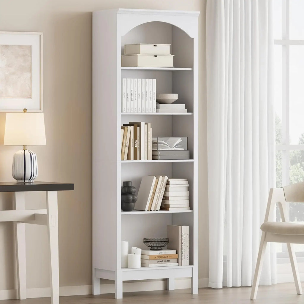 Arched Bookshelf with 5 Tier Open Shelves, 71" Tall Wood Bookcase with Adjustable Shelves, 24" Wide Floor Standing, Customized