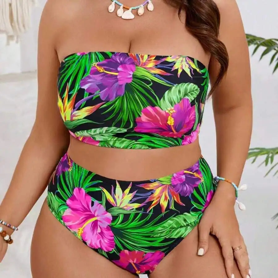 Plus Size V Neck Floral High Waisted Bikini Set Medium Stretch Fabric