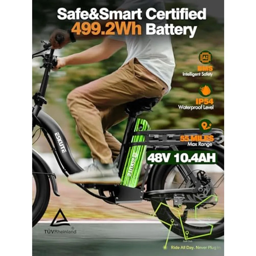 Electric Bike for Adults 1200W Peak Motor Folding 20x3 Fat Tire E-Bike 48V 10.4Ah Battery Step-Through Cargo Fold Ebike NFC Unl