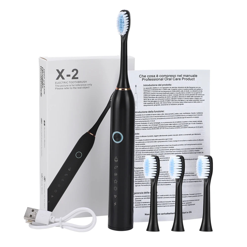 Electric Sonic Toothbrush Rechargeable 6 Mode Electronic Tooth Brushes with Replacement Heads Waterproof Tooth Cleaner for Adult