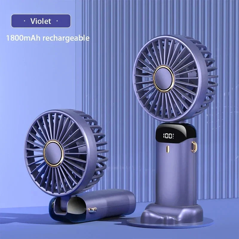2026 New Mini Folding Portable Neck Hanging Fan with 5-speed USB Charging Fan with Phone Stand and Display 1800mAh