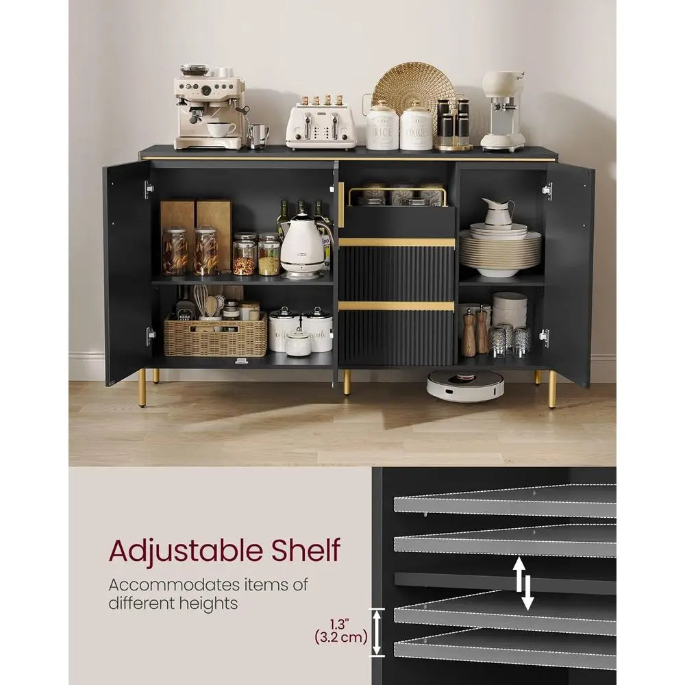 Black Modern Storage Sideboard with Adjustable Shelves for Kitchen and Living Room