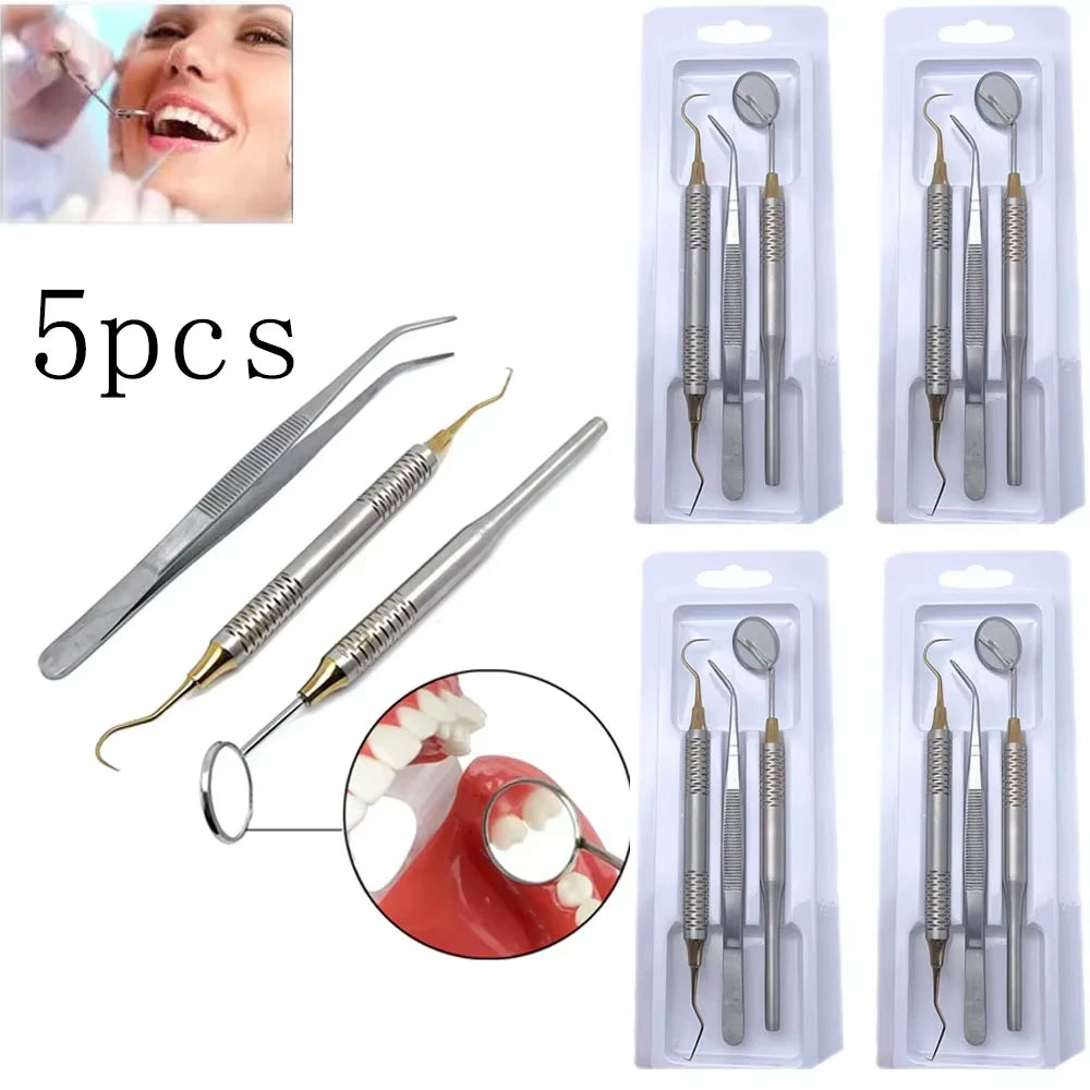 5pcs Dental Double Ended Mouth Mirror Probe Tweezers Tool Dentist Teeth Whitening Cleaning Kit