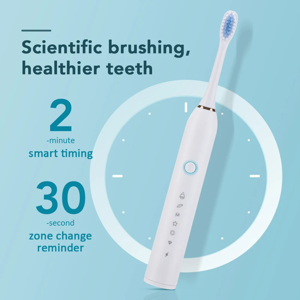 Electric Sonic Toothbrush Rechargeable 6 Mode Electronic Tooth Brushes with Replacement Heads Waterproof Tooth Cleaner for Adult
