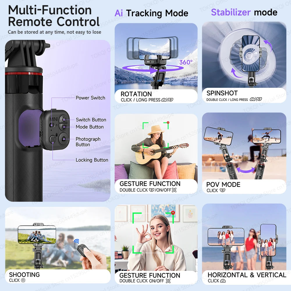 Smart Tracking Deskpot Gimbal Handheld Stabilizer for Cell Phones Record Video/Vlog C22 Selfie Stick Tripod, Optional Fill Light