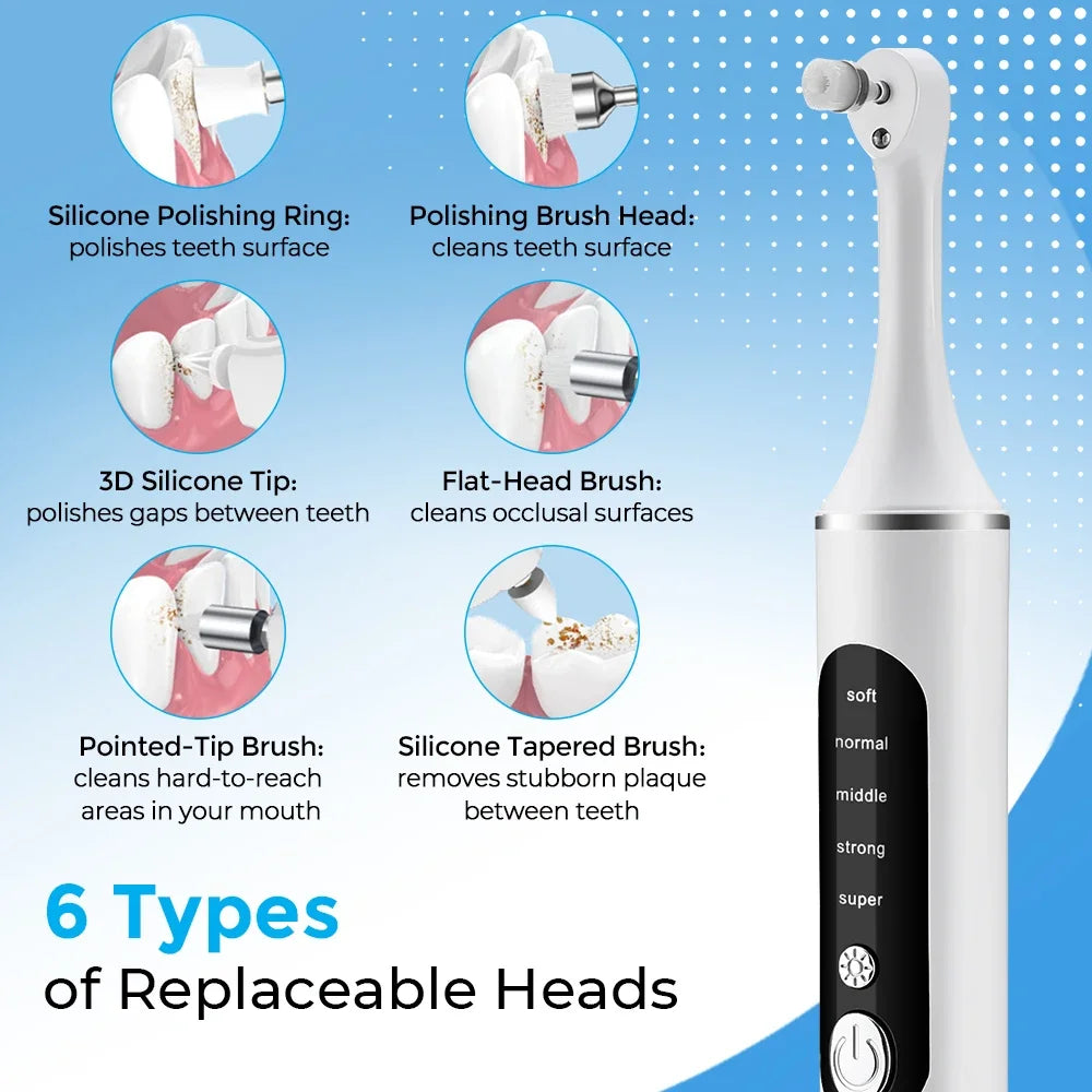 Electric Tooth Polisher Teeth Whitening Cleaner  6 Brush Heads LED Light Plaque Dental Tartar Remover Plaque Teeth Cleaning Set