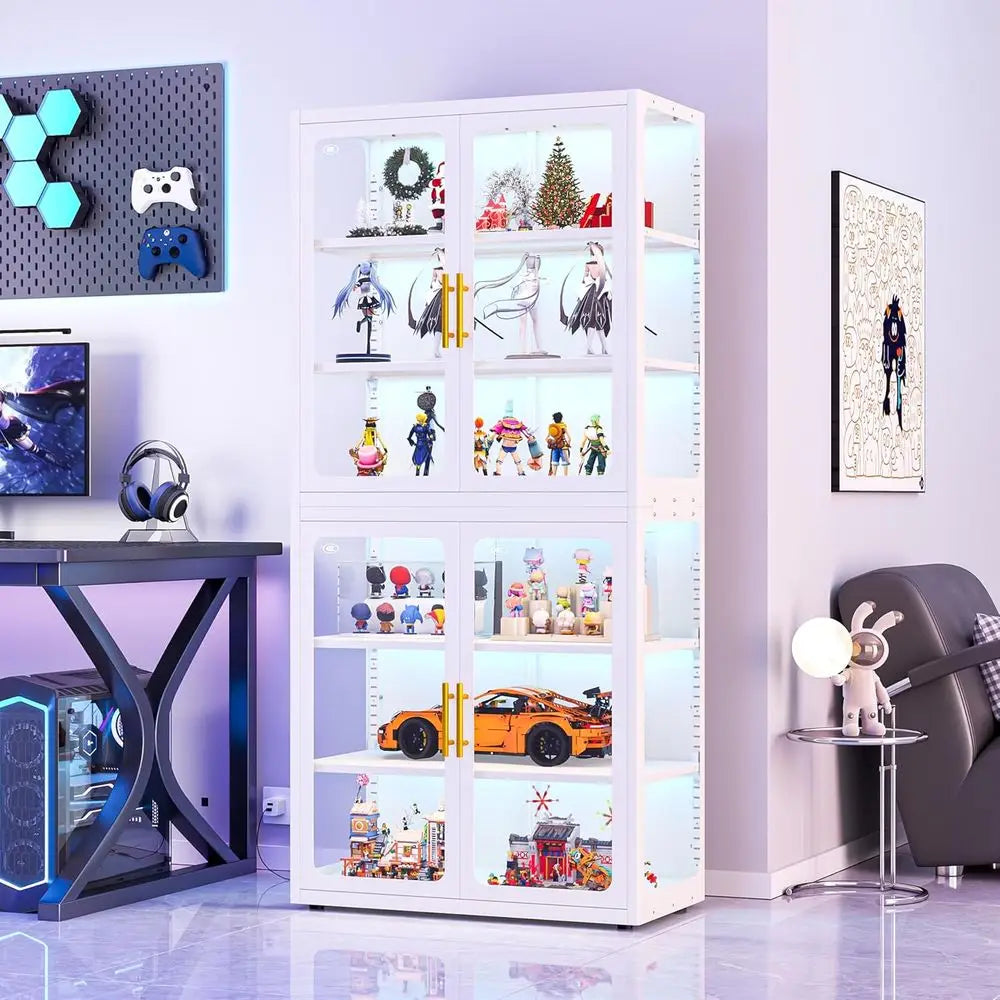 68 White Glass Display Cabinet with RGB LED Lights, 4 Adjustable Shelves for Collectibles and Storage