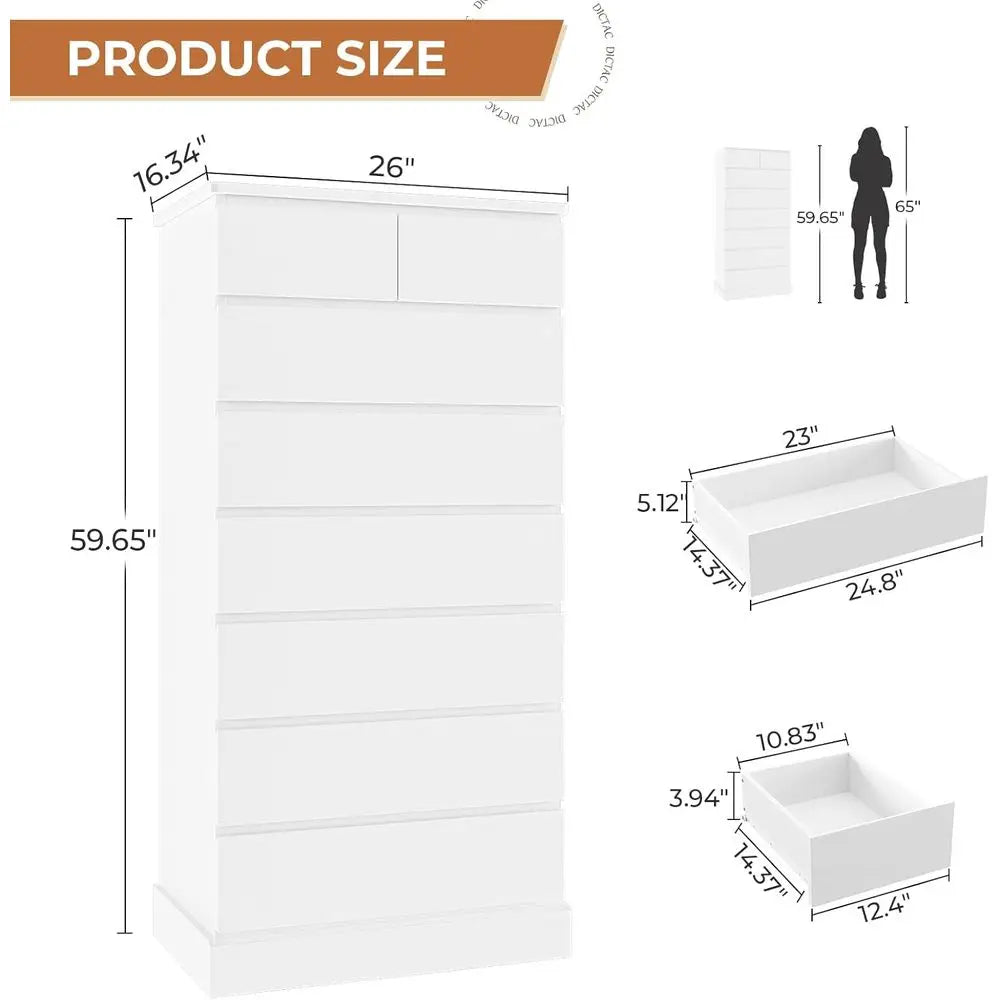 Elegant Tall Dressers and Bedroom Sets with 8 Drawers, 59.6 Tall Dressers, Chests, and Wooden Storage Cabinets, Ideal for Closet