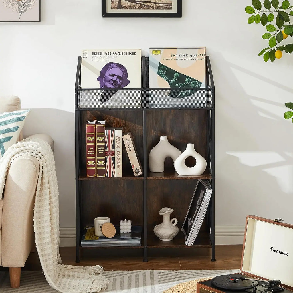 6 Grids Vinyl Record Storage Holder Rack, Wooden Display Table for Magazines Files Albums Books in Living Room Bedroom