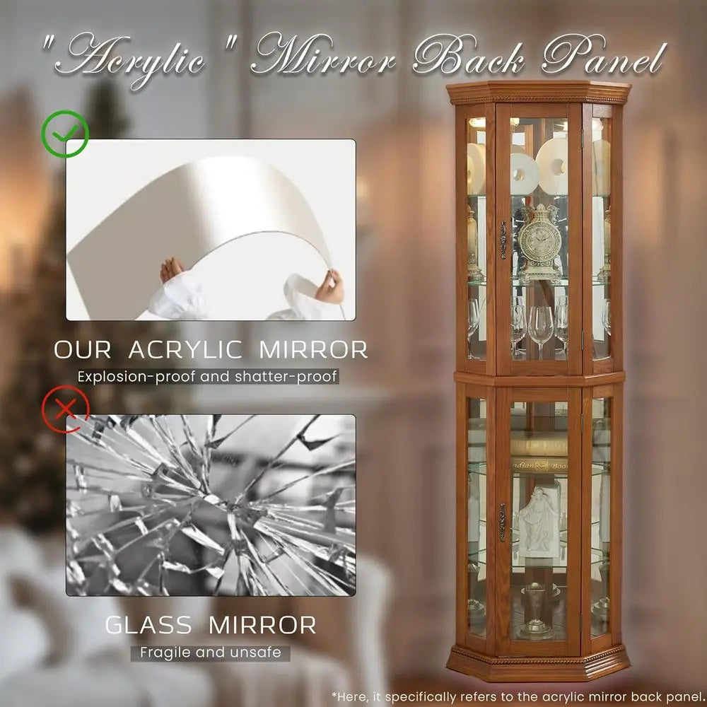 Curio Cabinet with Light Bulb, Tempered Glass Do, loor Standing Glass Display Cage with 6 Tempered Glass Shelves, Wine Cabinet S