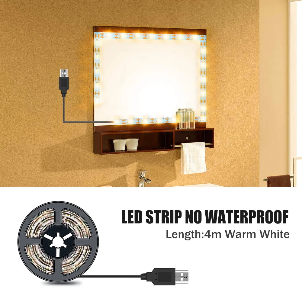 DC5V LED Makeup Mirror Light Strip USB Dressing Table Lamp LED Tape Room Decoration Bedroom Vanity Lights 0.5M 1M 2M 3M 4M 5M